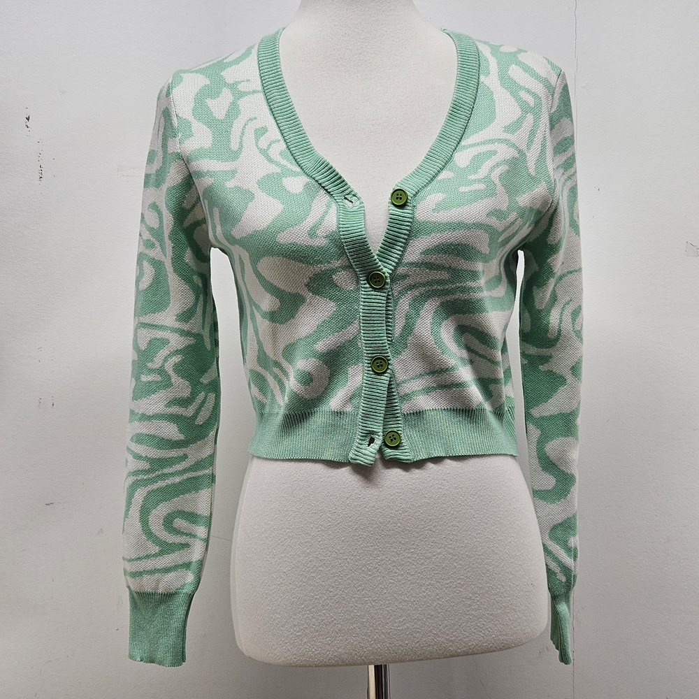 Miss Sparkling Cropped Cardigan Sweater XL Mint Green White Abstract Print Y2K